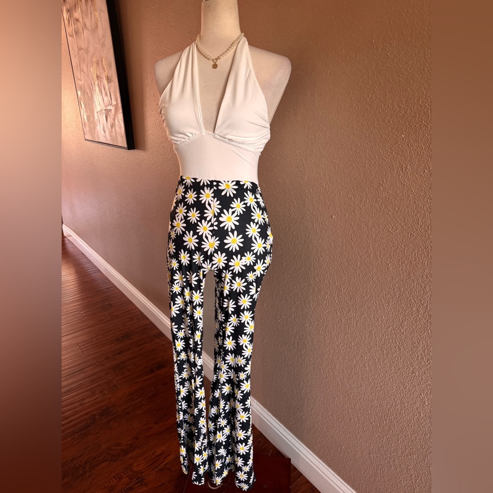 Floral Black and White Women's Bell Bottom Pants - Picture 8 of 8